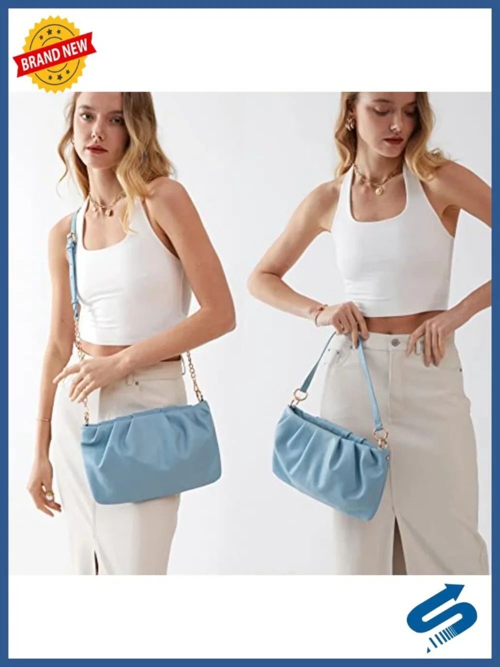 Women Ruched Hobo Bag, Vegan Faux Leather Crossbody Clutch, Adjustable Chain